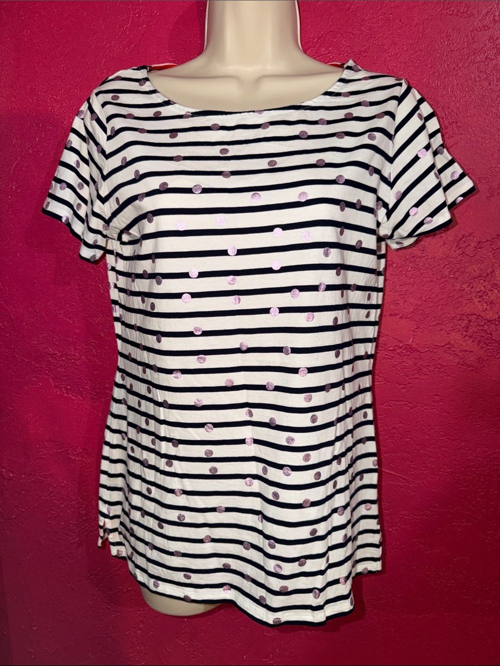 Boden 100% cotton navy Stripe, pink Dot Short Sleeve Top. Sz 8. Nautical, preppy